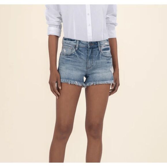 Kut from the Kloth Jane High Rise Long Shorts Distressed Blue Denim Size 8 - Picture 1 of 11